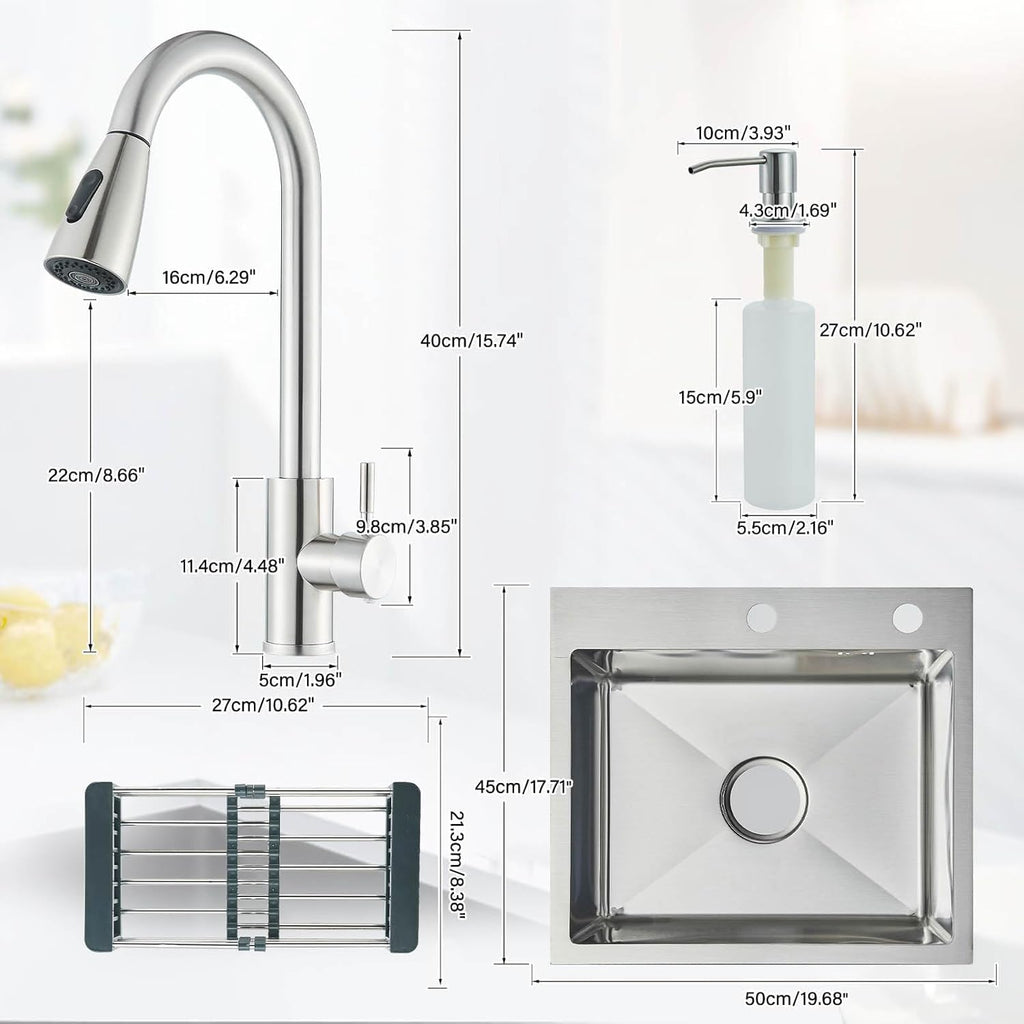 Drop in Large Single Bowl Kitchen Sink, Nano Coating Stainless Steel Handmade Single Bowl Topmount Kitchen Sink, Kitchen Sinks Farmhouse Undermount 50 * 40cm