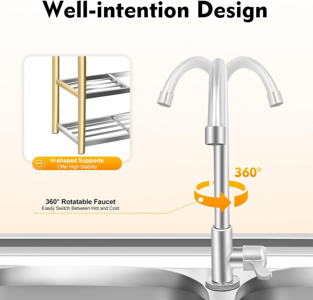 47' Commercial Stainless Steel Kitchen Sink, 2-Bowl Triple Layer with Single Faucet, Commercial Restaurant Kitchen Sink for Restaurant, Food Truck & Home Kitchen