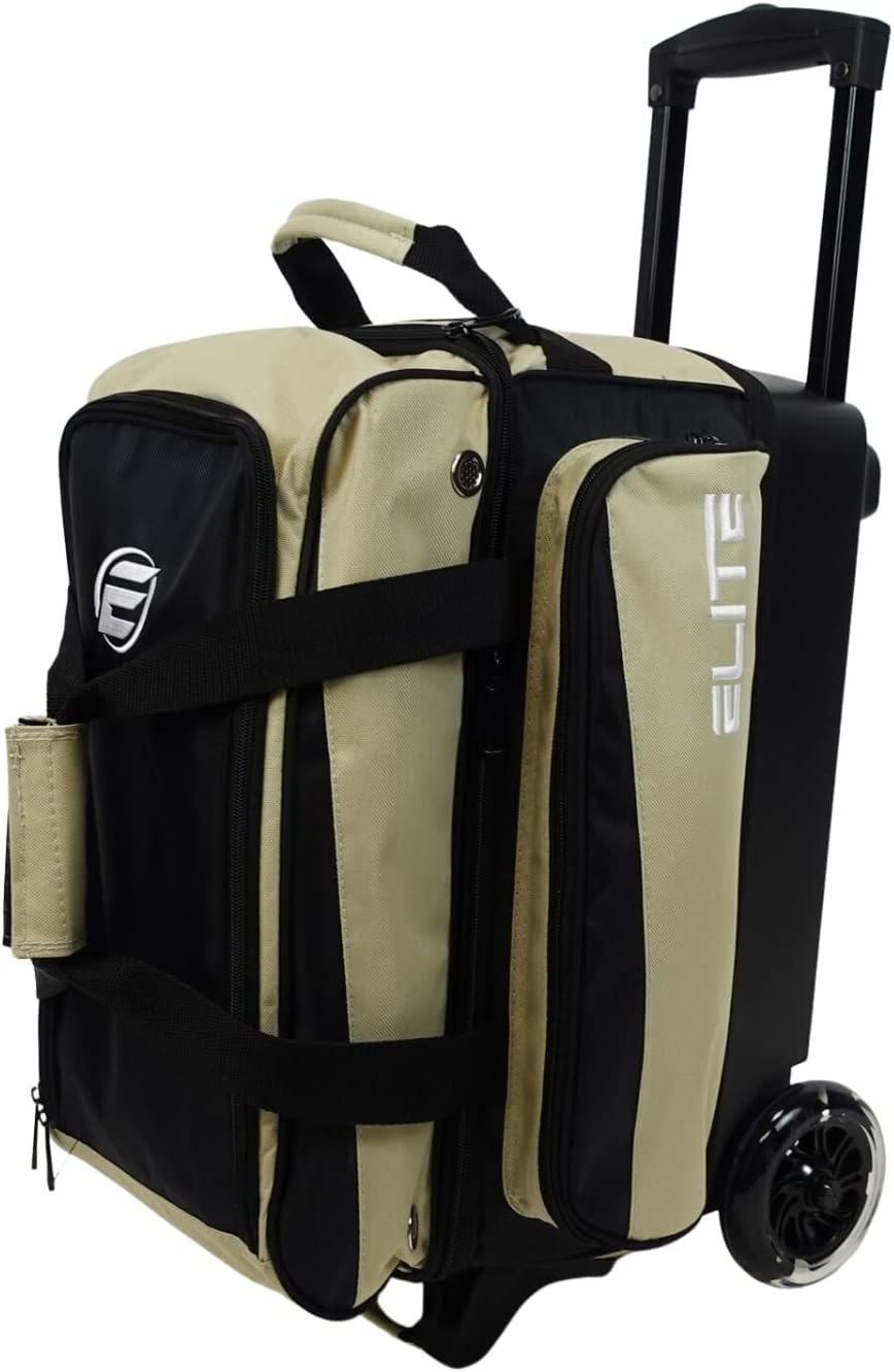 ELITE Deluxe 2 Ball Bowling Bag with 5' Smooth Wheels - Large Accessory Pocket, Shoe Compartment, 36' Extendable Handle