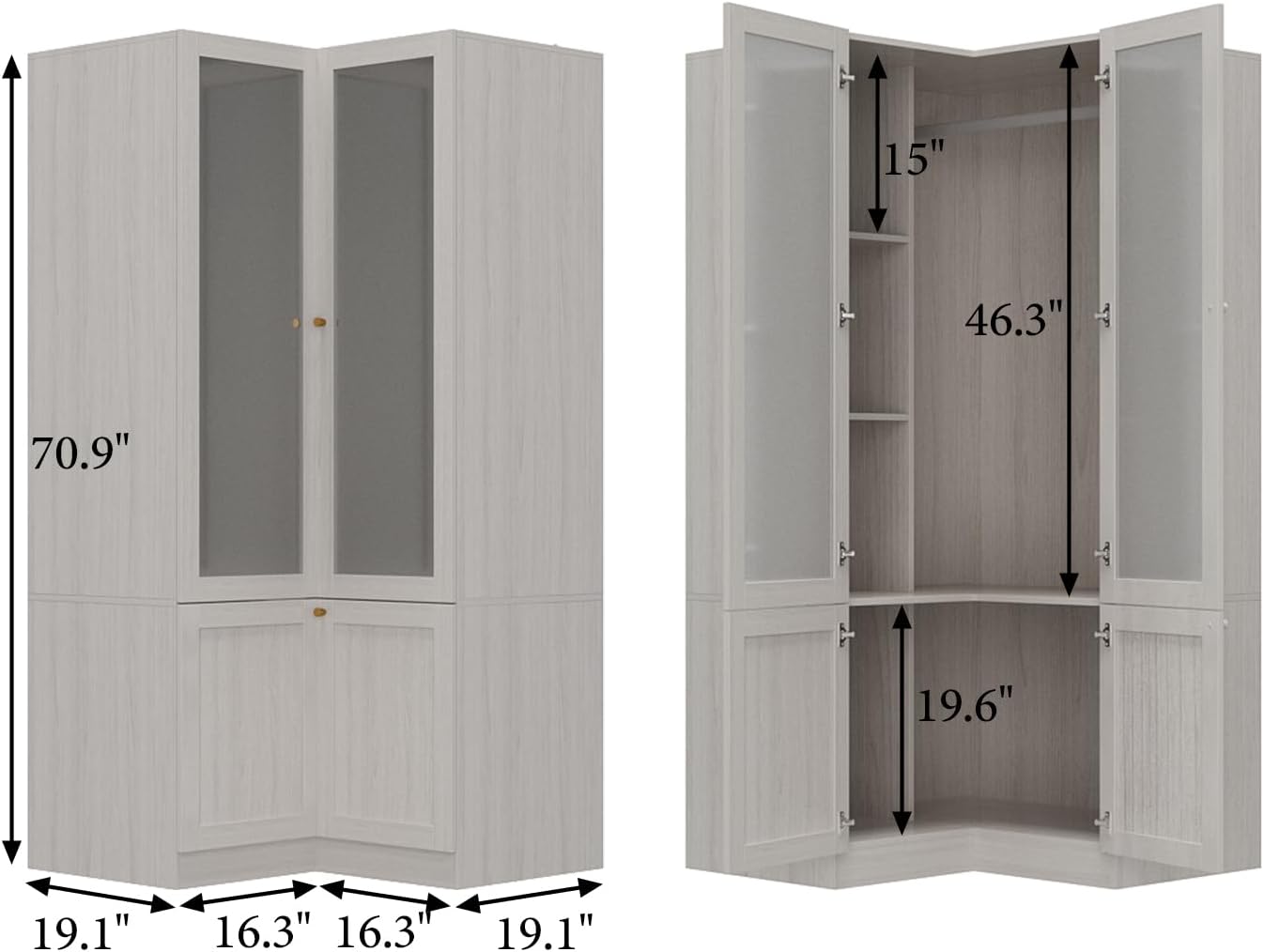 MOUMON Corner Wardrobe, L-Shaped Modern Bedroom Armoires with Frosted Glass Doors and Hanging Rod, Corner Armoire Wardrobe Closet, Wood Grain 35.4' W x 35.4' D x 70.9' H