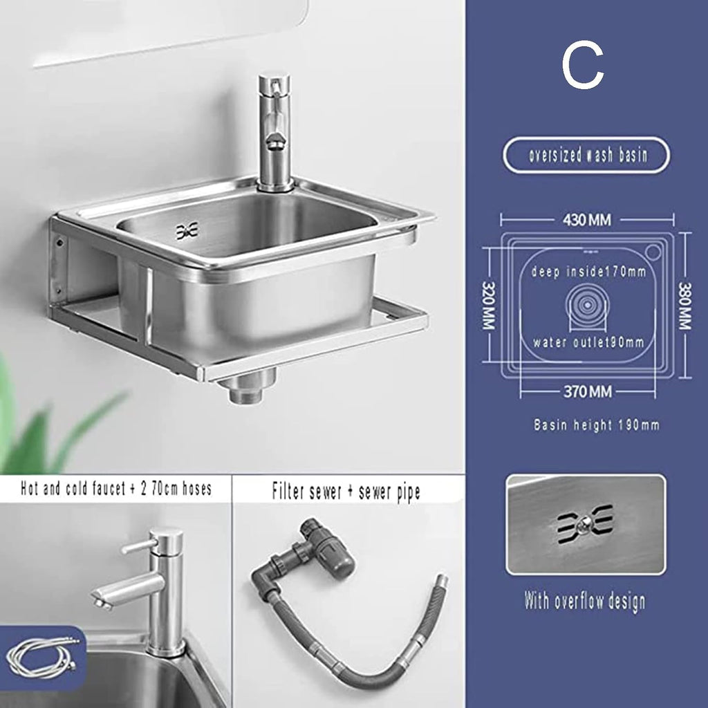 Stainless Steel Sink, Single Bowl Wall-Mounted Washbasin Small Sink for Kitchen Bathroom Lavatory (Color : F, Size : 41x35x19cm) (C 43x38x19cm)