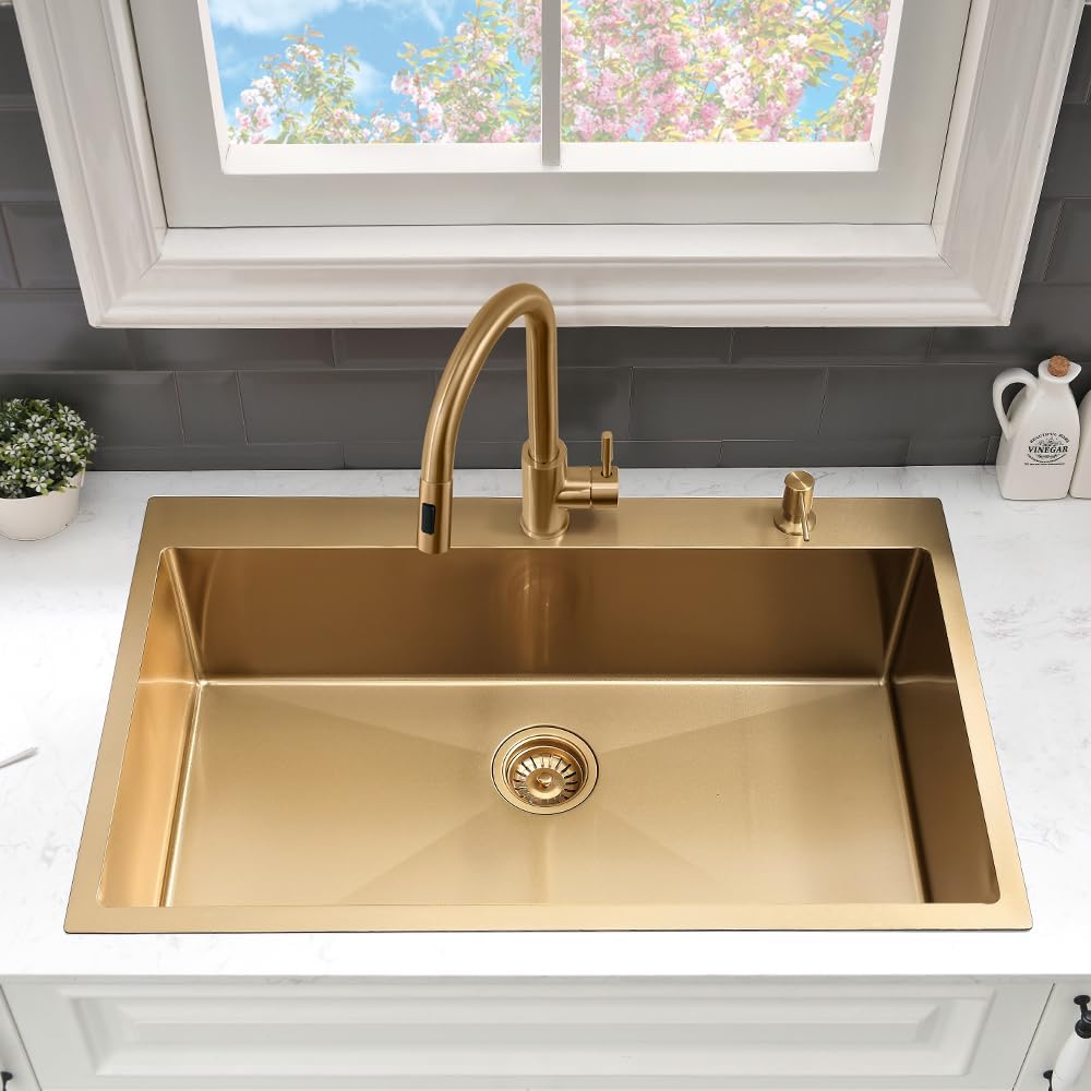 33 Inch Gold Drop In Kitchen Sink with Faucet Combo-VASOYO 33x22 Inch Gold Kitchen Sink with Faucet Combo Set Stainless Steel Deep Single Bowl Topmount Sinks and Faucets