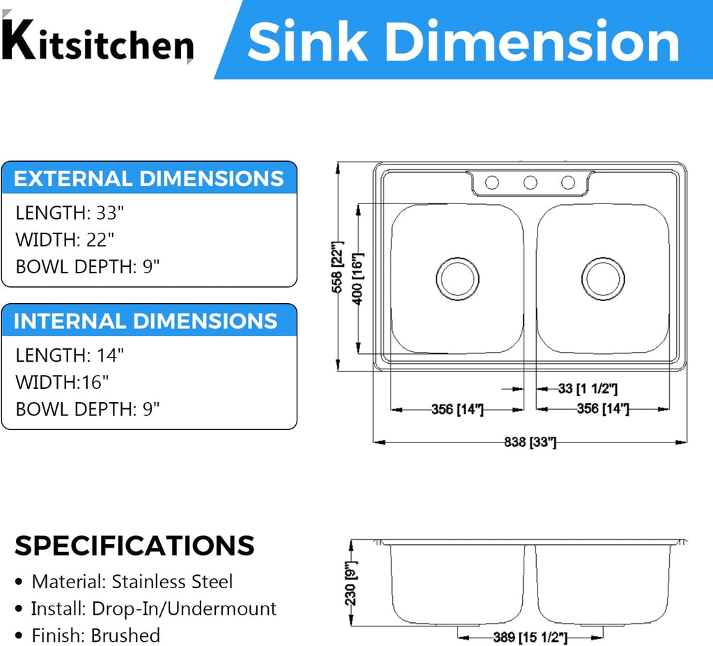 Kitsitchen 33x22 Drop in Kitchen Sink, 33 Inch 304S Stainless Steel Double Bowl Kitchen Sinks with 50/50 Design and Two Strainer, 33' X 22'X 9' Large and Deep Top Mount Kitchen Sinks with 3 holes