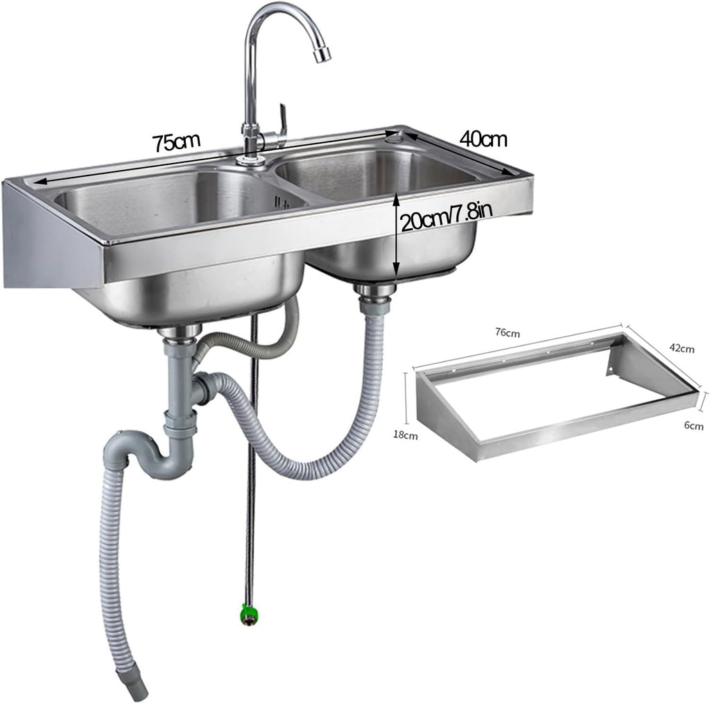 Wall-Mounted Kitchen Sink, Stainless Steel Utility Sink with Faucet, Double Bowl Sink for Washing Dishes, Easy to Clean, Saves Space (Color : Silver, Size : B(75x40x6cm)) (Silver A(75x40x6cm))