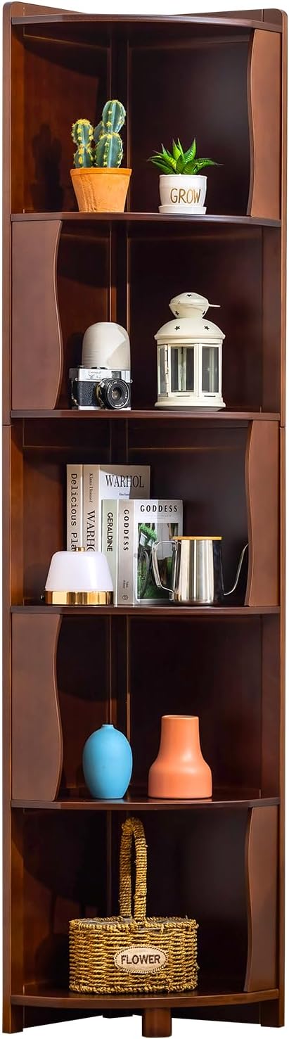 5-Tier Bamboo Corner Shelf Freestanding Fan-Shaped Storage Rack, Space-Saving Corner Cabinet for Living Room or Bedroom, Easy to Assemble, Dark Walnut
