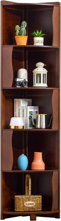 5-Tier Bamboo Corner Shelf Freestanding Fan-Shaped Storage Rack, Space-Saving Corner Cabinet for Living Room or Bedroom, Easy to Assemble, Dark Walnut