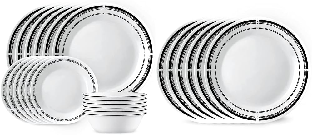 Corelle 18-Piece Dinnerware Set, Service for 6, Lightweight Plates and Bowls Set, Vitrelle Triple Layer Glass, Brasserie Collection, Lunch Plates Included