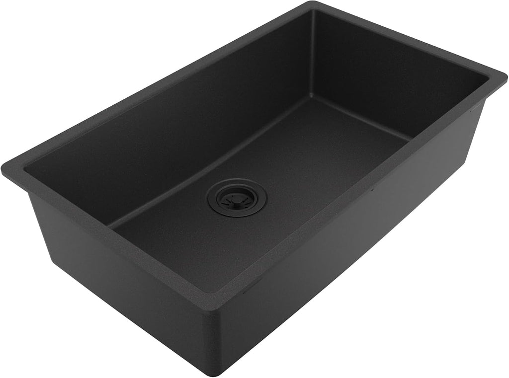 Karran Undermount 33' Large Single Bowl Granite Quartz Composite Kitchen Sink in Black – Extra Deep 9' Basin, Heat & Scratch Resistant, Sound Dampening, Rear Drain – QU-812