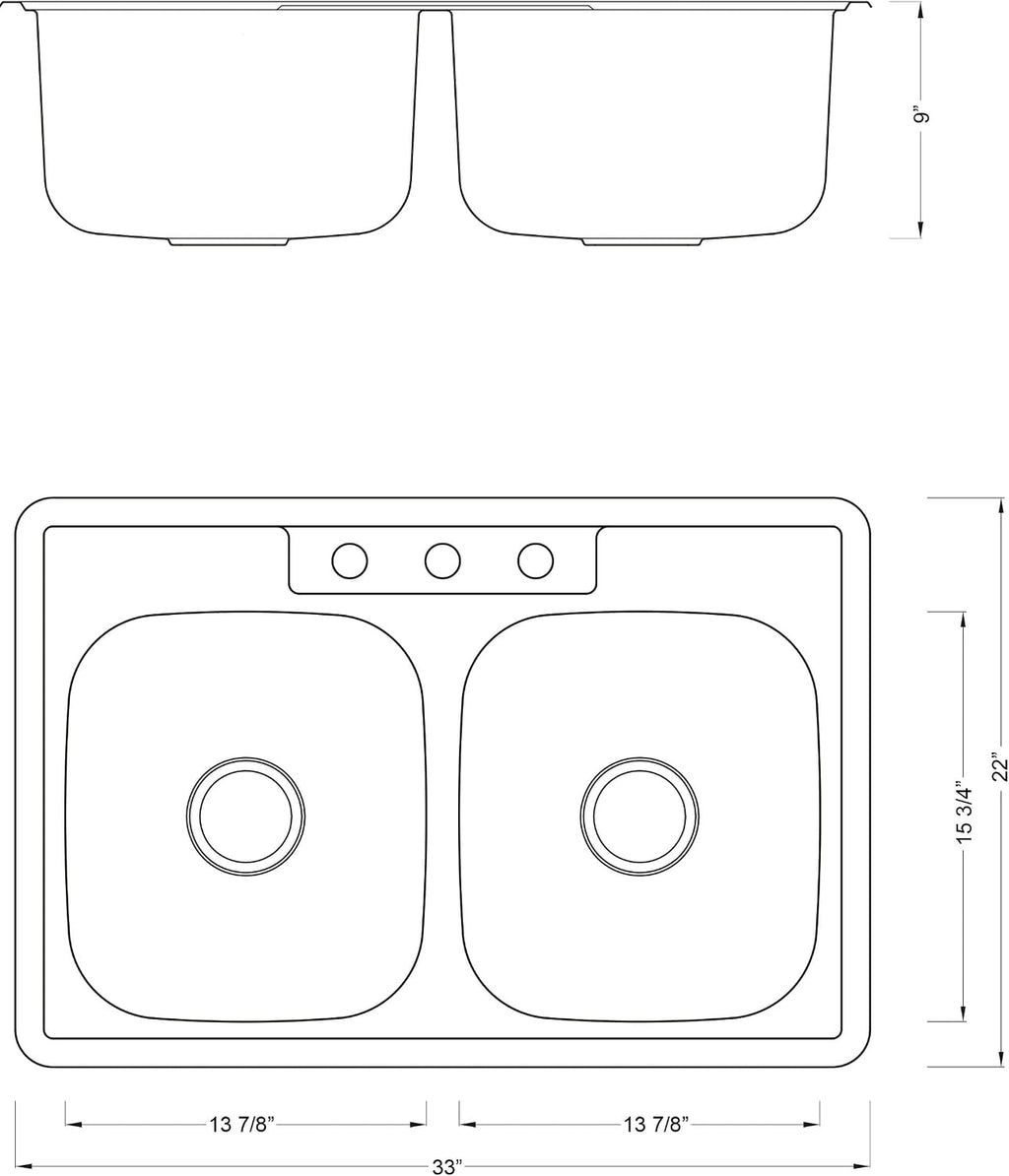 CozyBlock 33 x 22 x 9 Inch 50/50 Top-mount/Drop-in Stainless Steel Double Bowl Kitchen Sink with Strainer and Protective Bottom Grid - 18 Gauge Stainless Steel-3 Faucet Hole