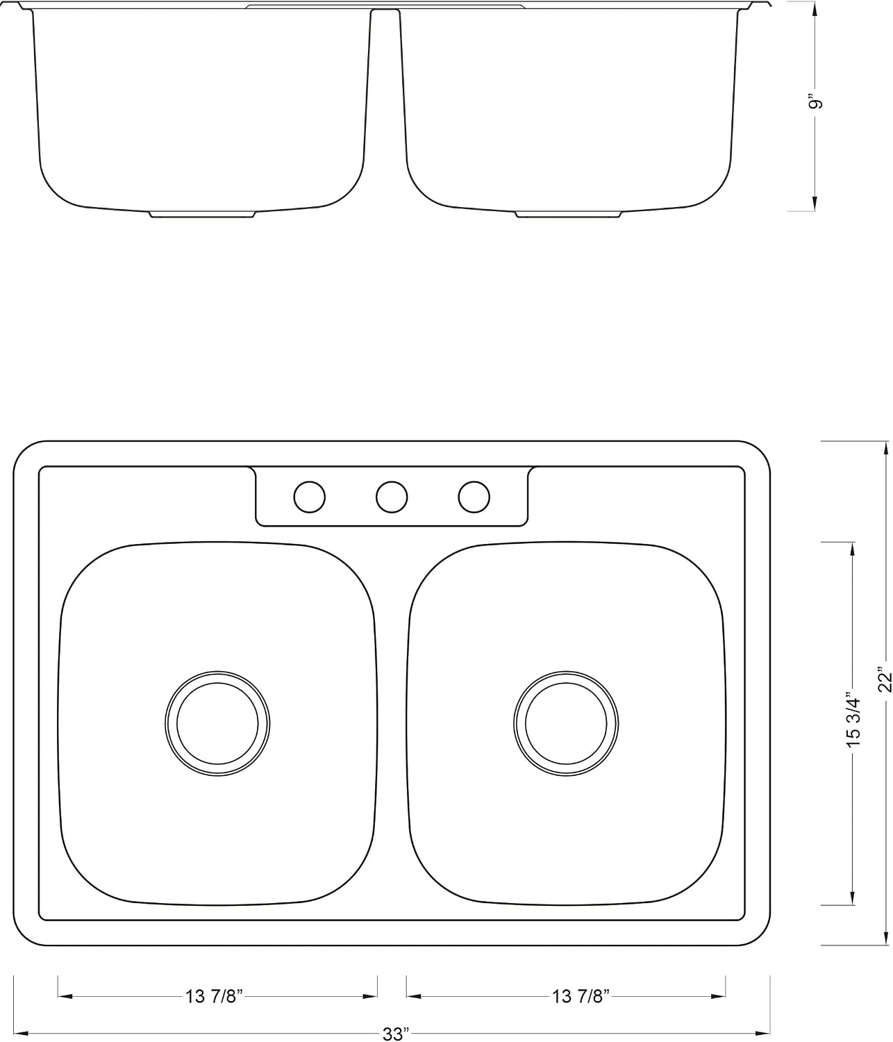 CozyBlock 33 x 22 x 9 Inch 50/50 Top-mount/Drop-in Stainless Steel Double Bowl Kitchen Sink with Strainer and Protective Bottom Grid - 18 Gauge Stainless Steel-3 Faucet Hole