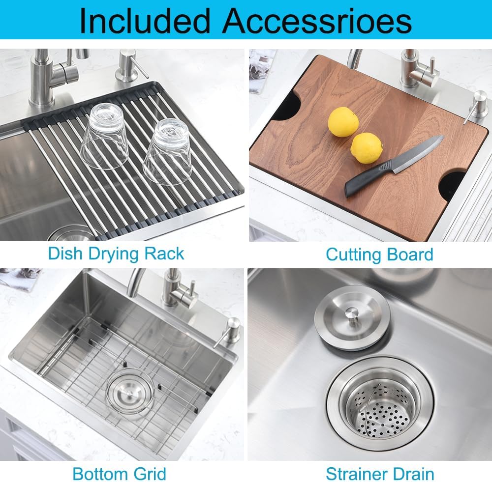 20 Inch Drop in Kitchen Sink, Single Bowl 16 Gauge Stainless Steel Topmount Small Kitchen Bar Sink Outdoor RV Workstation Basin (20'x17'x10')