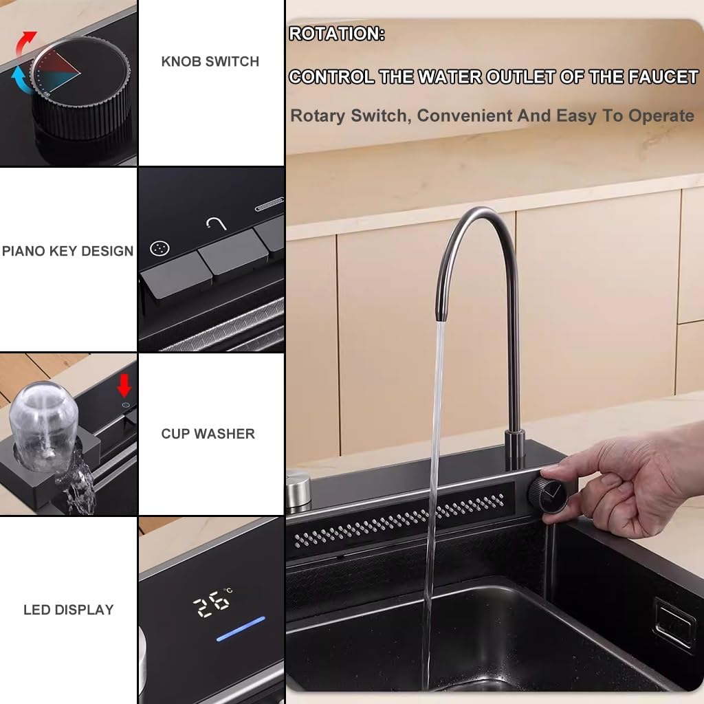 304 Stainless Steel Kitchen Sink Versatile Single-Bowl Kitchen Workstation Sink Waterfall Pull-Down Faucet and Complete Accessory Set (Black 75x46x21cm)