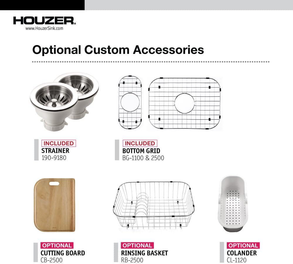 Houzer Legend Stainless Steel Kitchen Sink: 33 Inch Topmount 4-Hole 80/20 Small Left Double Bowl Sink with Strainer & Grids, Durable & Versatile, Essential for Home & Apartment: LHD-3322-C
