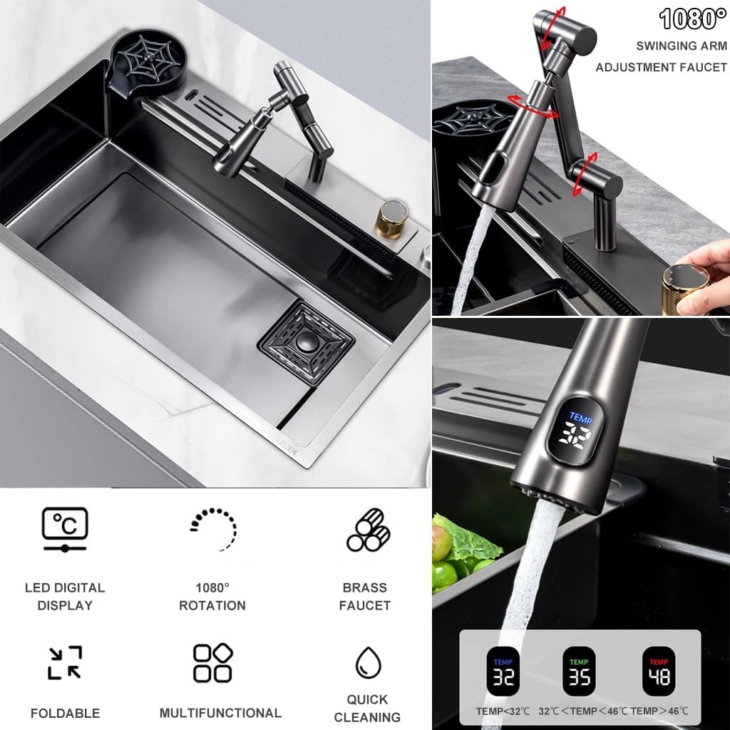 Waterfall Sink with 1080° Rotating Faucet Stainless Steel Single-Bowl Kitchen Workstation Sink with Pull-Out Faucet and Cup Washer Dual-Mount (Color : Black, Size : 68x46x21cm) (Black 68x46x21cm)