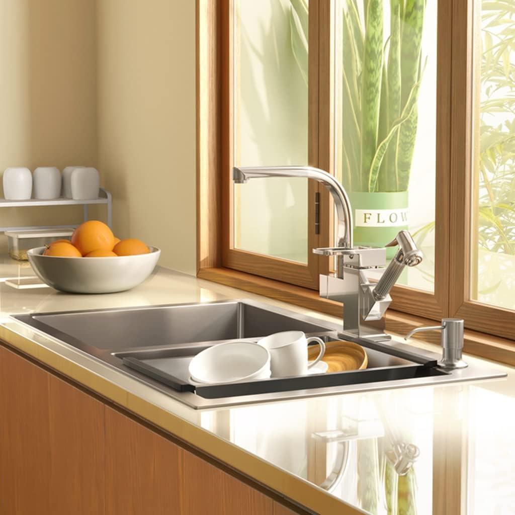 Brushed Double Bowl Kitchen Sink Prep Sink Rv Sink with Faucet & Drain Assembly Drop in or Undermount (D-72 * 40 * 21Cm
