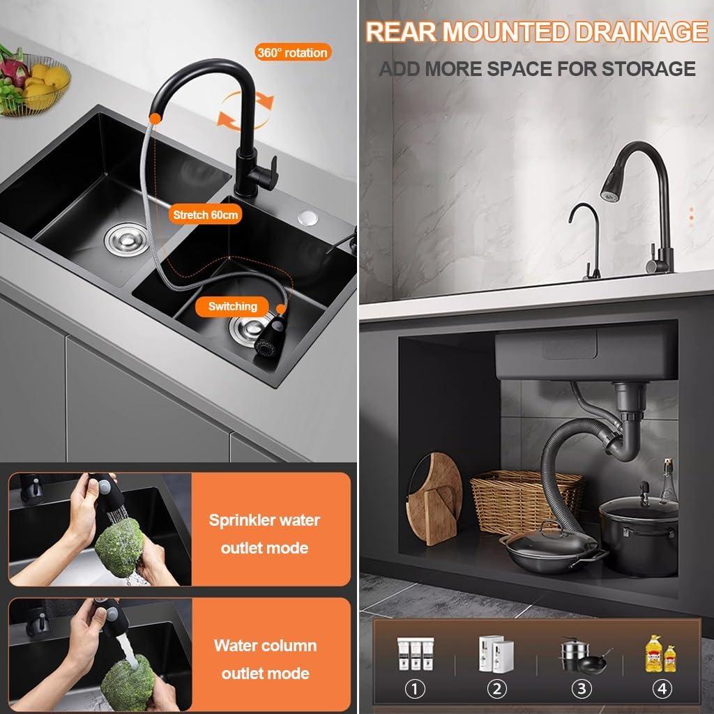 Stainless Steel Black Double Bowl Kitchen Sink Multifunctional Bar Sink Rv Sink with Pull-Out Faucet Drain Basket Soap Dispenser and Drainage Cponents (Color : Black, Size : 72x40x21cm)