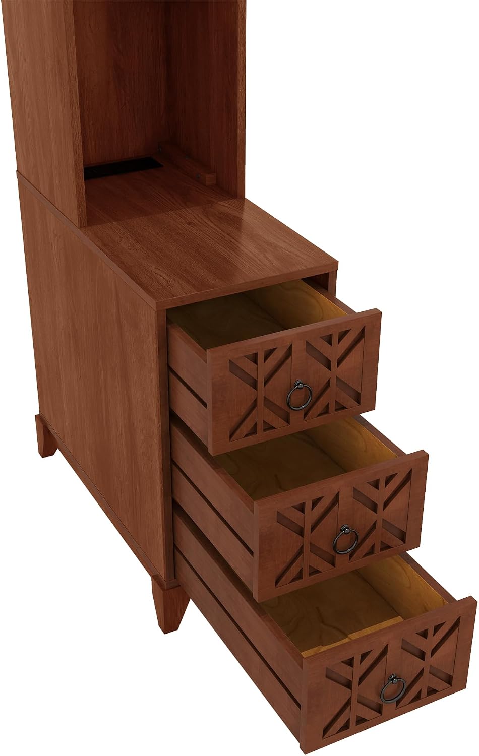End Table with 3 Drawers & 4 Adjustable Shelves,Corner Table with USB & AC Charge Station,X-Shaped Carved Front,Solid Wood Frame,Tall Narrow Side Tables for Bedroom,Living Room,Small Space,Natural