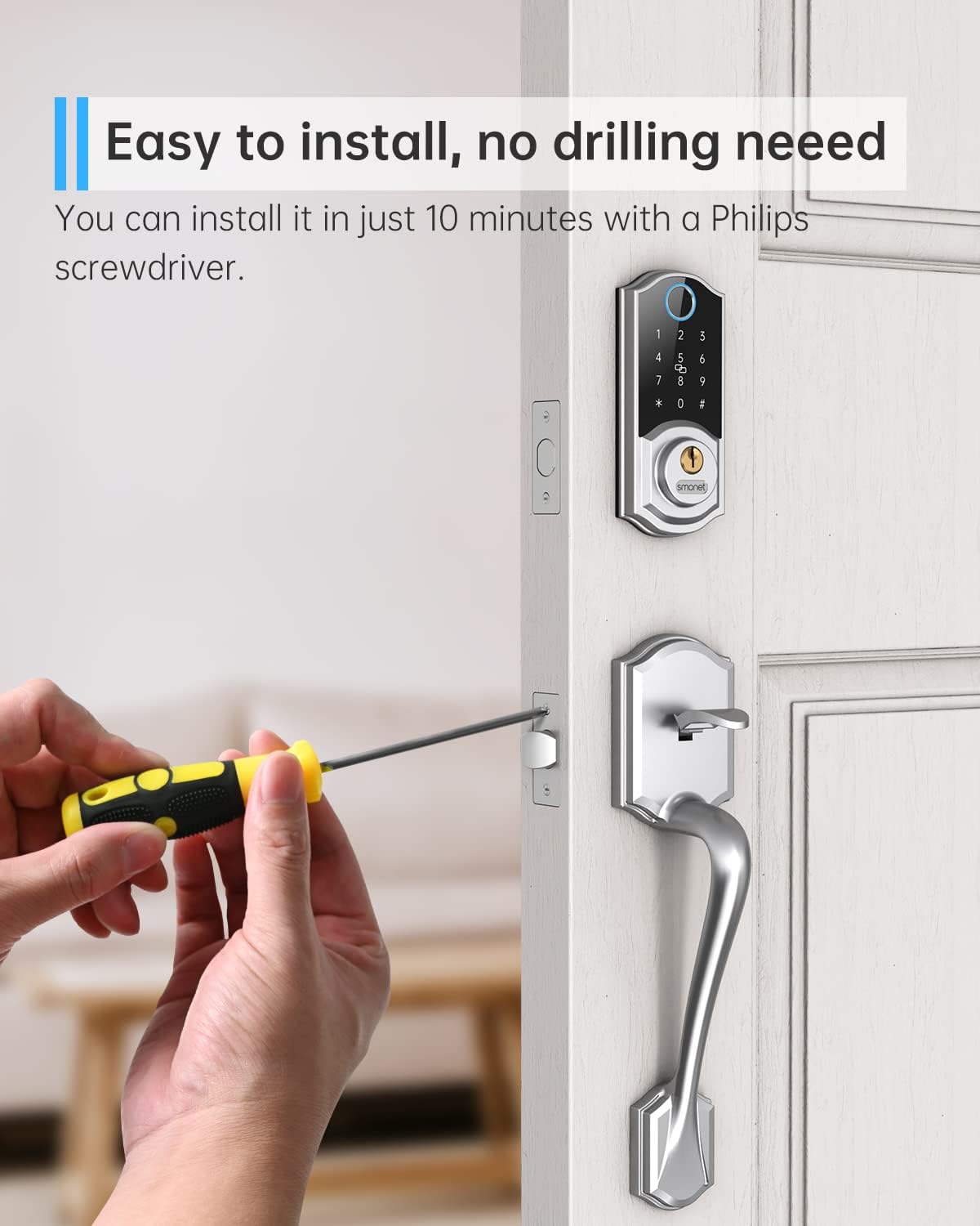 Smart Front Door Lock Set: SMONET Keyless Entry Door Lock with Handle, Front Handle Set Fingerprint Smart Deadbolt Bluetooth Electronic Digital Keypad, Alexa Unlock Silver