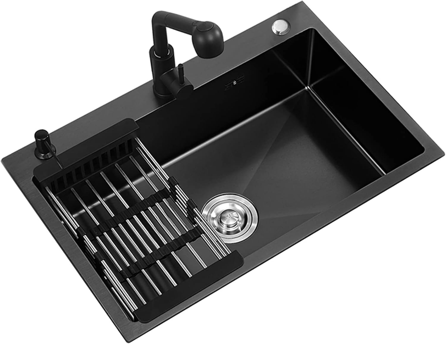 Black Single Bowl Kitchen Sink 304 Stainless Steel Bar Sink Household Handmade RV Sink with Pull-Out Faucet and Drainage Kit Top Mount Or Undermount (Color : Black, Size : 68x45x22cm) (Black 72x4