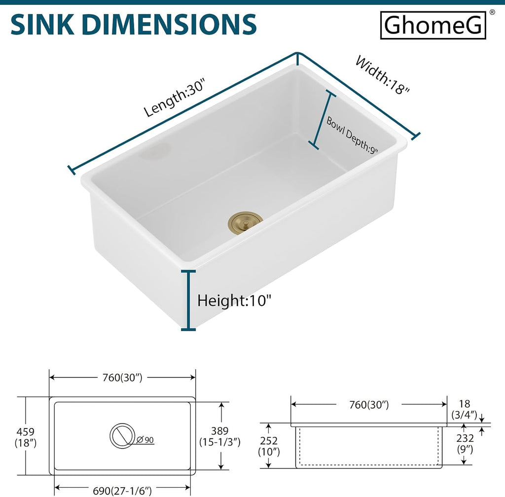 White Undermount Kitchen Sink 30 Inch Porcelain White Kitchen Sink 30'x18'x10' Dual Mount Single Bowl Ceramic Kitchen Sinks - Gold Drain Set