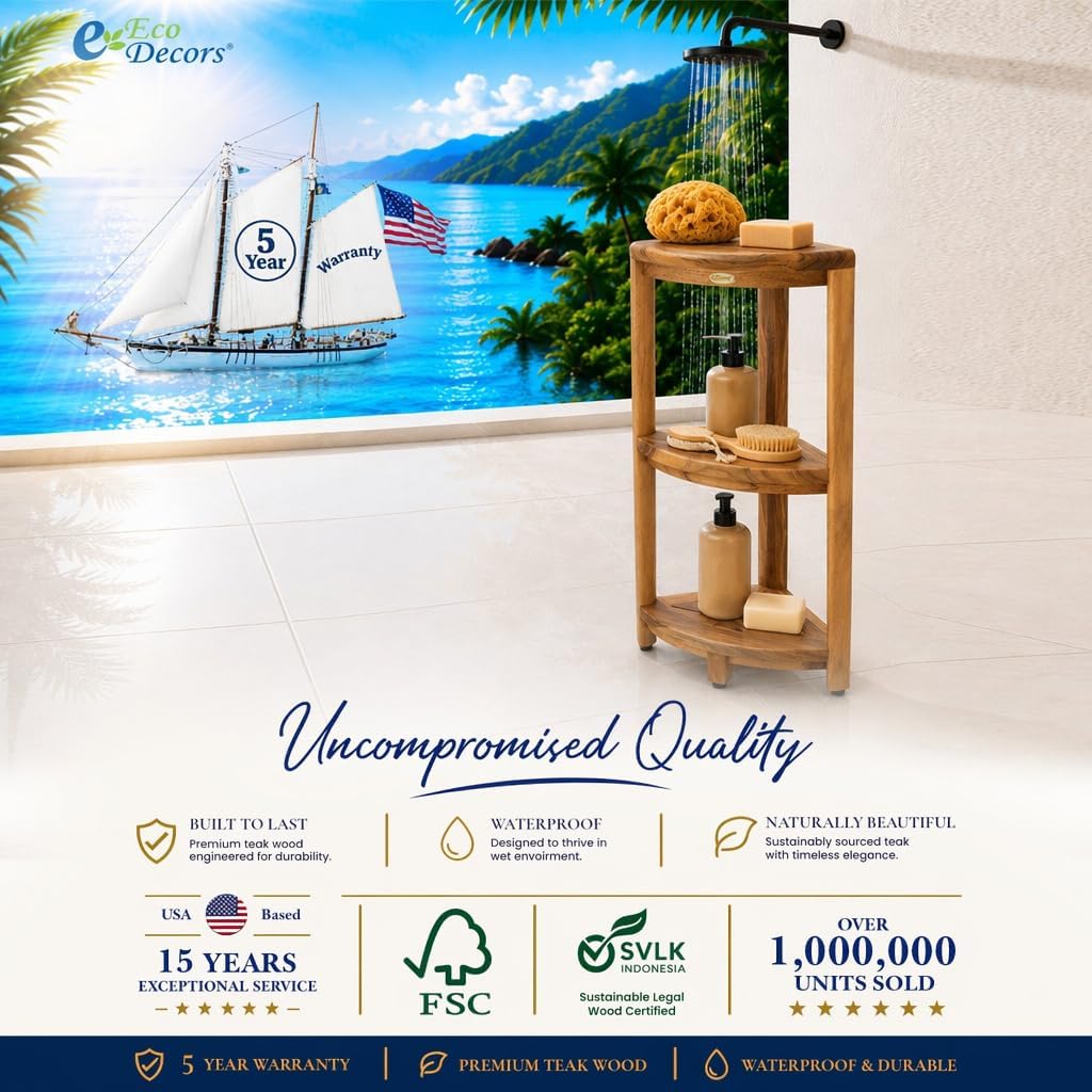 EcoDecors SnazzyCorner Natural Teak Corner Shower 3 Tier Shelf – Bathroom Organizer | Natural Wood Colors | Waterproof Teak Shower Caddy | Bathroom Storage & Organization | 33 Inches Tall