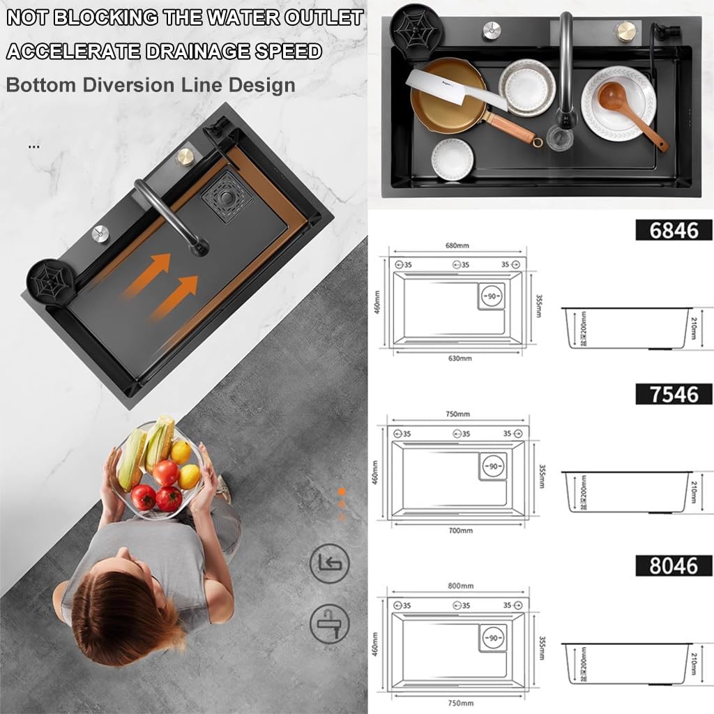 Stainless Steel Single-Bowl Kitchen Sink Multi-functional Waterfall Sink Nano-Coated Workstation Sink with Waterfall Pull-Down Faucet and Complete Accessory Set (Size : 68x45x22cm) ( 80x45x22cm)
