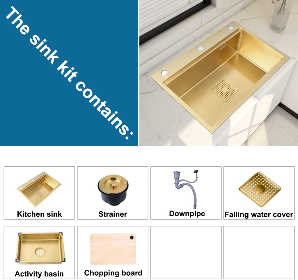 Kitchen Sink Gold Single Bowl Bar Sinks Stainless Steel Metal Dishwashing Pool Drop-in Or Undermount with Drain Kit and Movable Basin (Color : Gold, Size : 60x46x22cm) (Gold 60x46x22cm)