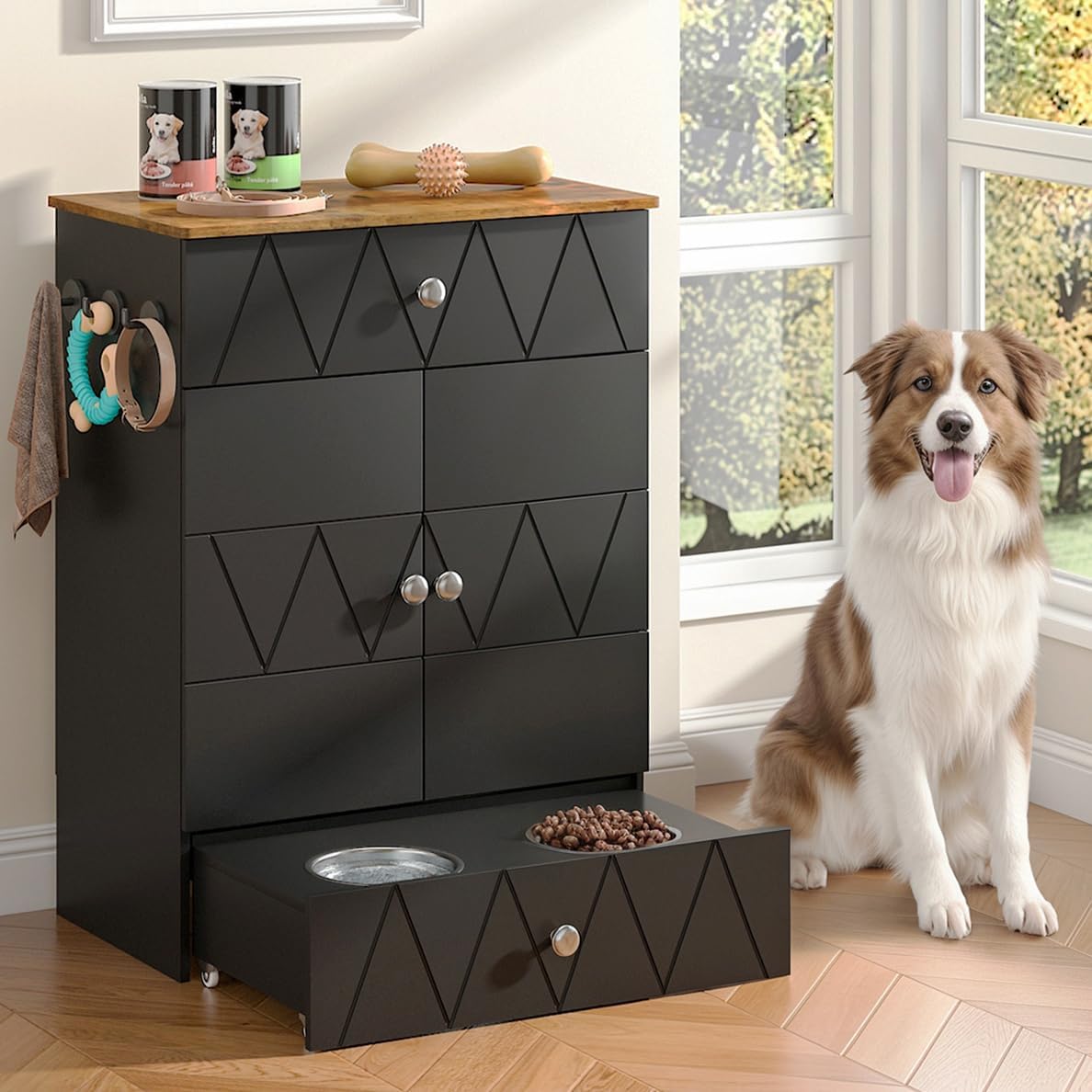 Pet Feeding Station with Storage, Raised Dog Bowls, Pet Feeder Cabinet, with Adjustable Shelves, Rolling Drawer, Hooks, for Feeding & Watering Supplies (Black)