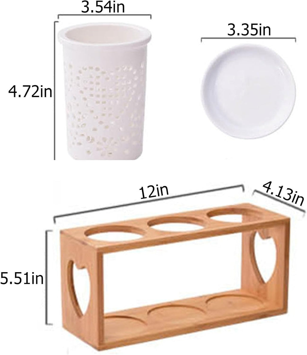 Cup Storage Holder,Bamboo Utensil Holder Set - 3 Ceramic Caddies with Drain Tray for Kitchen Counter, Ideal for Spoon, Fork & Knife Organization，M 12in
