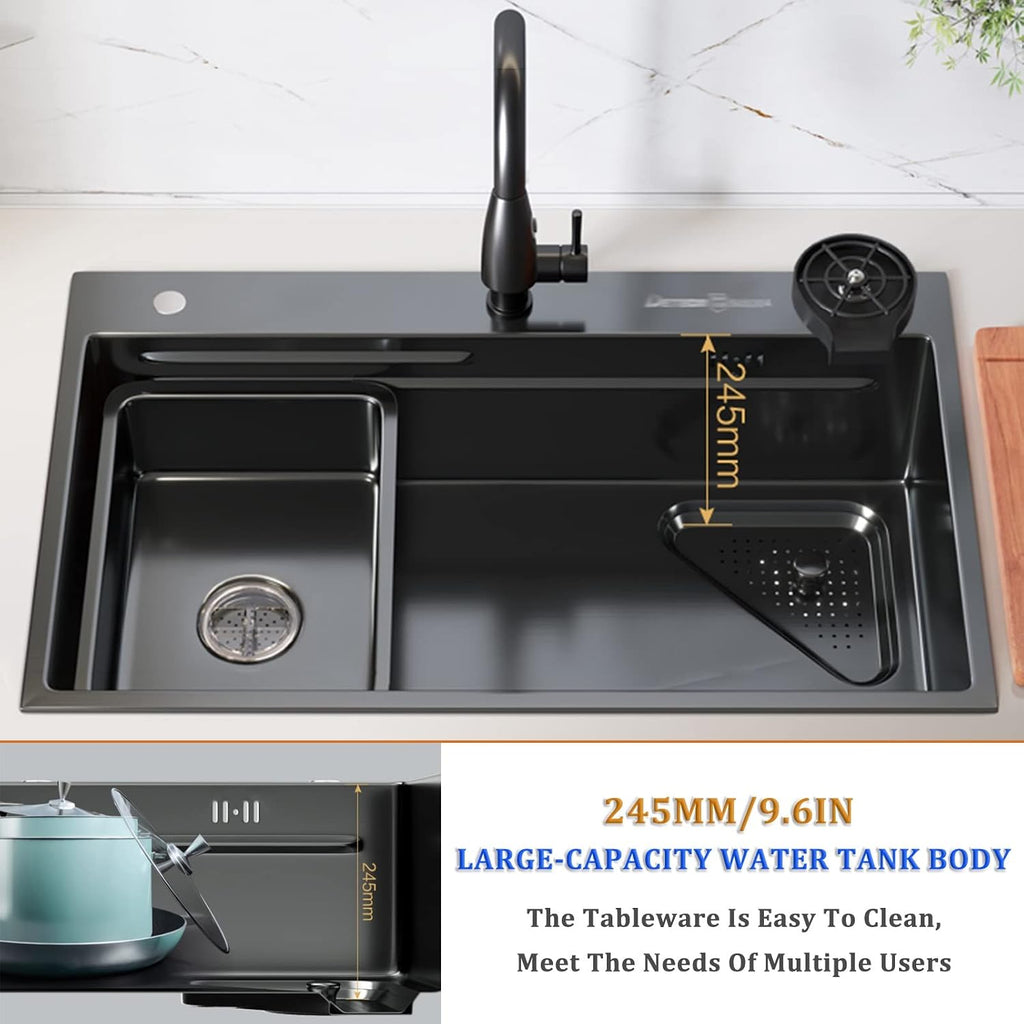 Generic Black Single-Bowl Kitchen Sink 304 Stainless Steel Bar Sink Multi-Function Household Sink Rv Sink with Faucet, Chopping Board and Drain Basket Top Mount Or Under Mount (Color : Black, S