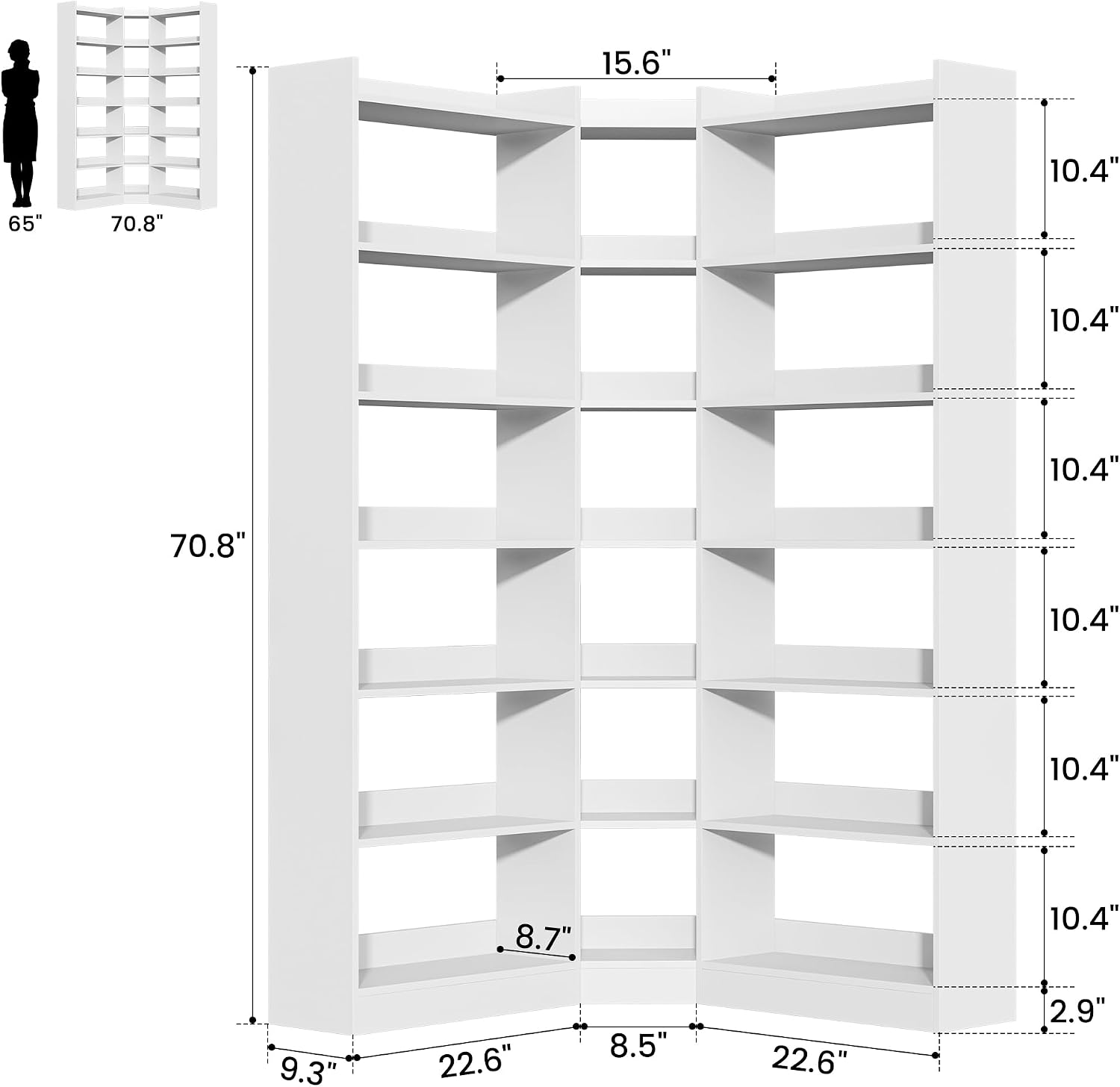 Nosepen 70.8' Tall Corner Bookshelf and Bookcases, 7 Tiers Morden Large Etagere Bookcases Storage Display Rack with Baffle, Industrial L Shaped Bookshelves for Bedroom, Home Office, Living Room, White