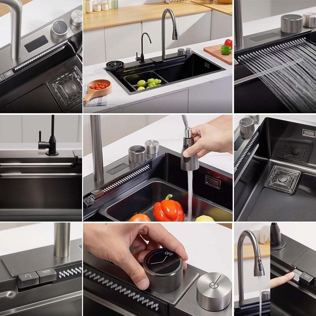Generic Versatile Stainless Steel Single-Bowl Kitchen Workstation Sink Single-Bowl Kitchen Workstation Sink with Display Screen Waterfall Pull-Down Faucet and Cplete Accessory Set (Color : Black, Si