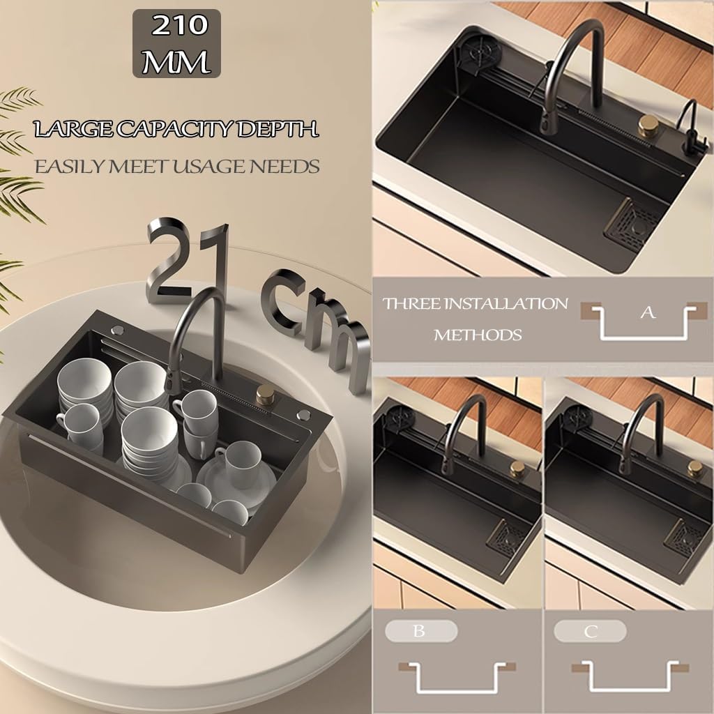 Stainless Steel Waterfall Sink with 3-in-1 Faucet Multifunctional Single Bowl Kitchen Sink with Drain Basket, Drain Basin, Cutting Board, Cup Washer, Draina(Black Grey-68x45x22cm