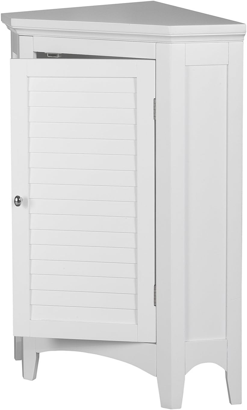 Teamson Home Glancy Freestanding Corner Floor Cabinet with Faux Louvered Door, White | Wooden, Faux Louvered Door, 2 Adjustable Tier Storage, For Bathroom Living Room