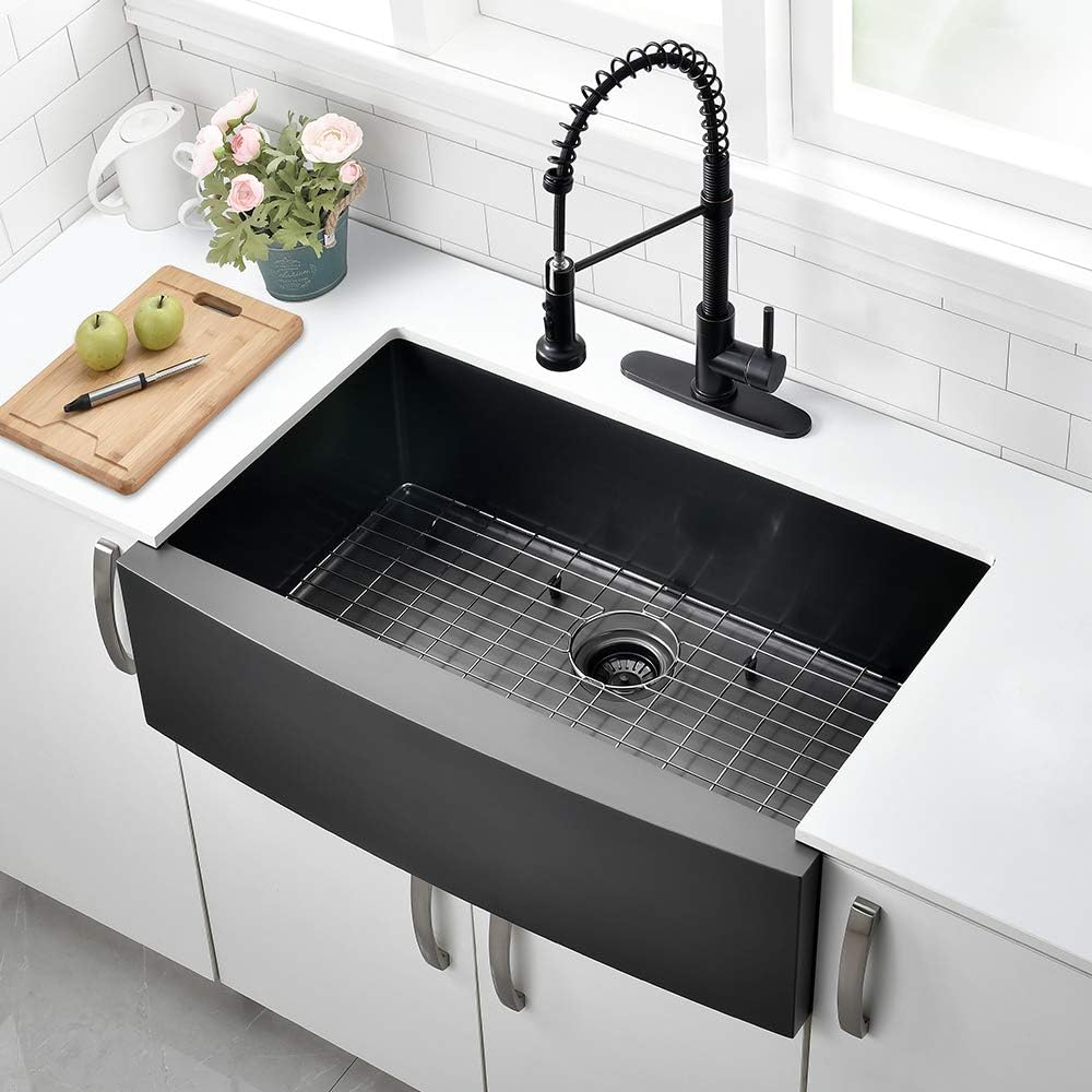 30 Inch Black Farmhouse Kitchen Sink - VOKIM 30 x 22 Apron Front Farmhouse Sink Stainless Stee 16 Gauge Farmhouse Apron Curved Front sink Single Bowl Kitchen Sink