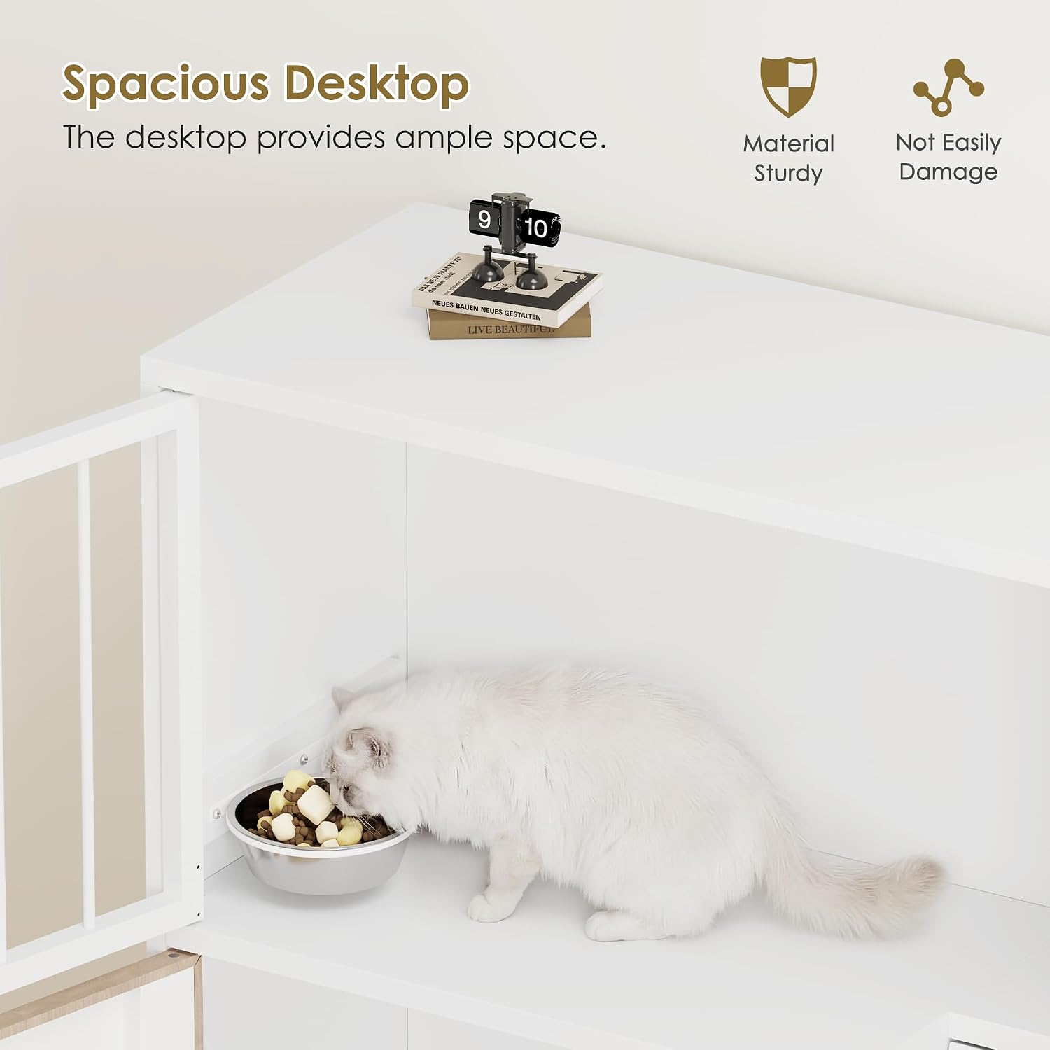 Dog Proof Cat Feeding Station, Metal Cat Feeding Station with Scratching Board, Raised Bowls for Indoor Cats, Elevated Food Bowls with Stand, Pet House Furniture (Metal White)