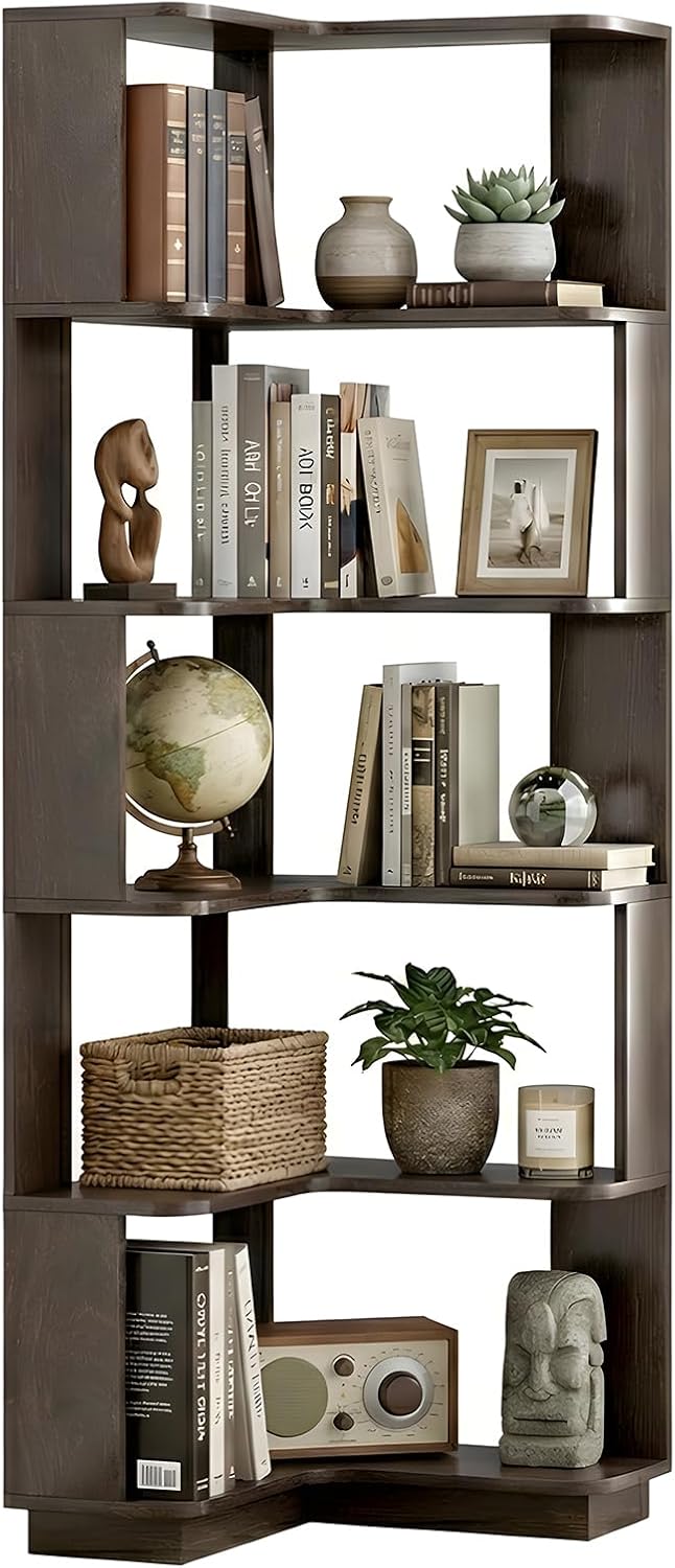 5 Tier Corner Bookshelf, Freestanding L-Shaped Wooden Bookcase with Open Shelves, Anti-Fall Panels and Anti-Tipping Device for Living Room, Bedroom, Home Office (Dark Brown)