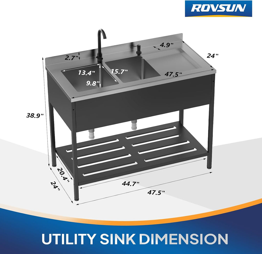 ROVSUN Black Electroplated Stainless Steel Double Bowl Utility Sink, 24'D x 47.5'W x 38.9'H, Heavy-Duty Freestanding Prep & Cleaning Sink with Faucet for Restaurant, Kitchen, Laundry, and Garage Use