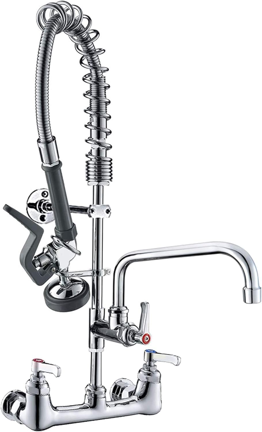 Commercial Wall Mount Kitchen Sink Faucet Brass Constructed Polished Chrome Pre-Rinse Device 25' Height 8' Center with Spring Pull Down Sprayer and 12' Add-on Spout (25 inches)