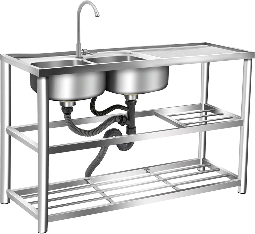 47' Commercial Stainless Steel Kitchen Sink, 2-Bowl Triple Layer with Single Faucet, Commercial Restaurant Kitchen Sink for Restaurant, Food Truck & Home Kitchen