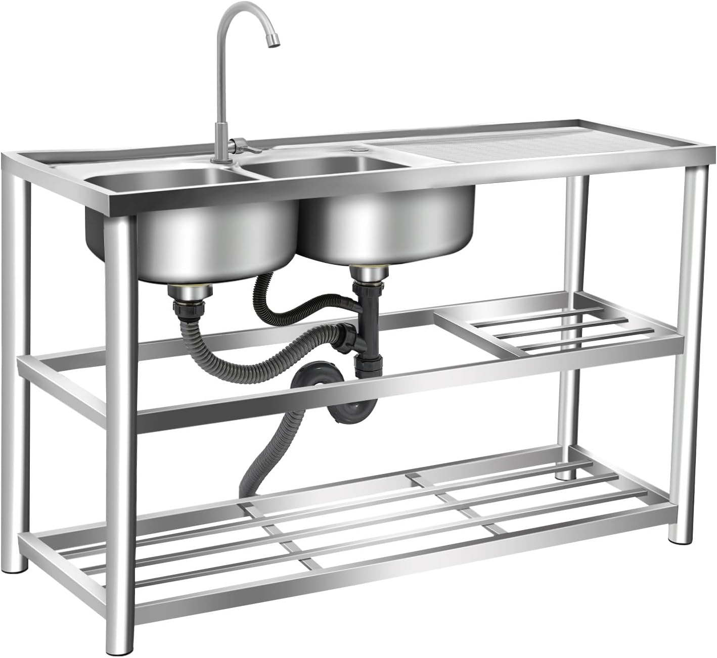 47' Commercial Stainless Steel Kitchen Sink, 2-Bowl Triple Layer with Single Faucet, Commercial Restaurant Kitchen Sink for Restaurant, Food Truck & Home Kitchen