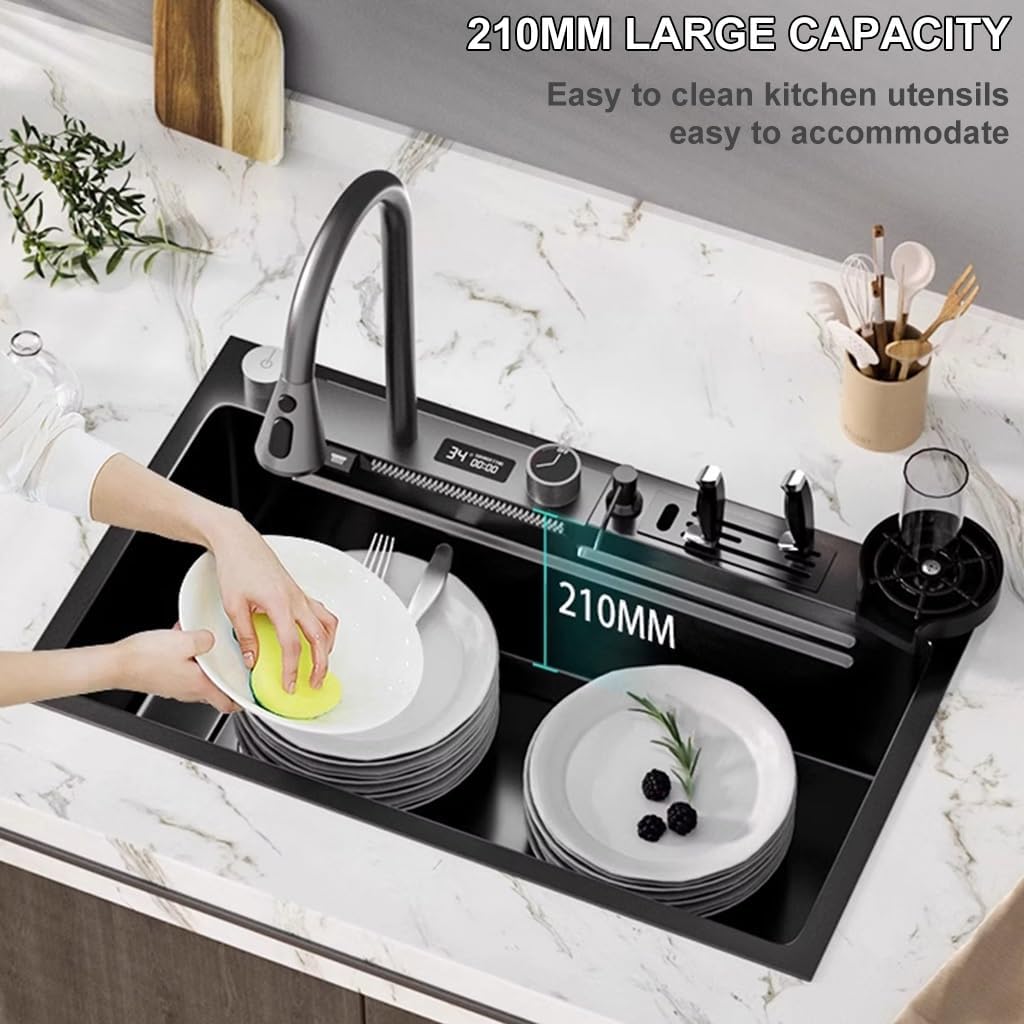 Waterfall Kitchen Sink Single Bowl Bar Sink Workstation Kitchen Sink with Three-in-one Pull-Out Faucet LED Digital Display Screen Pressurized Cup Washer Knife Holder Box (Black 75x45x21cm)