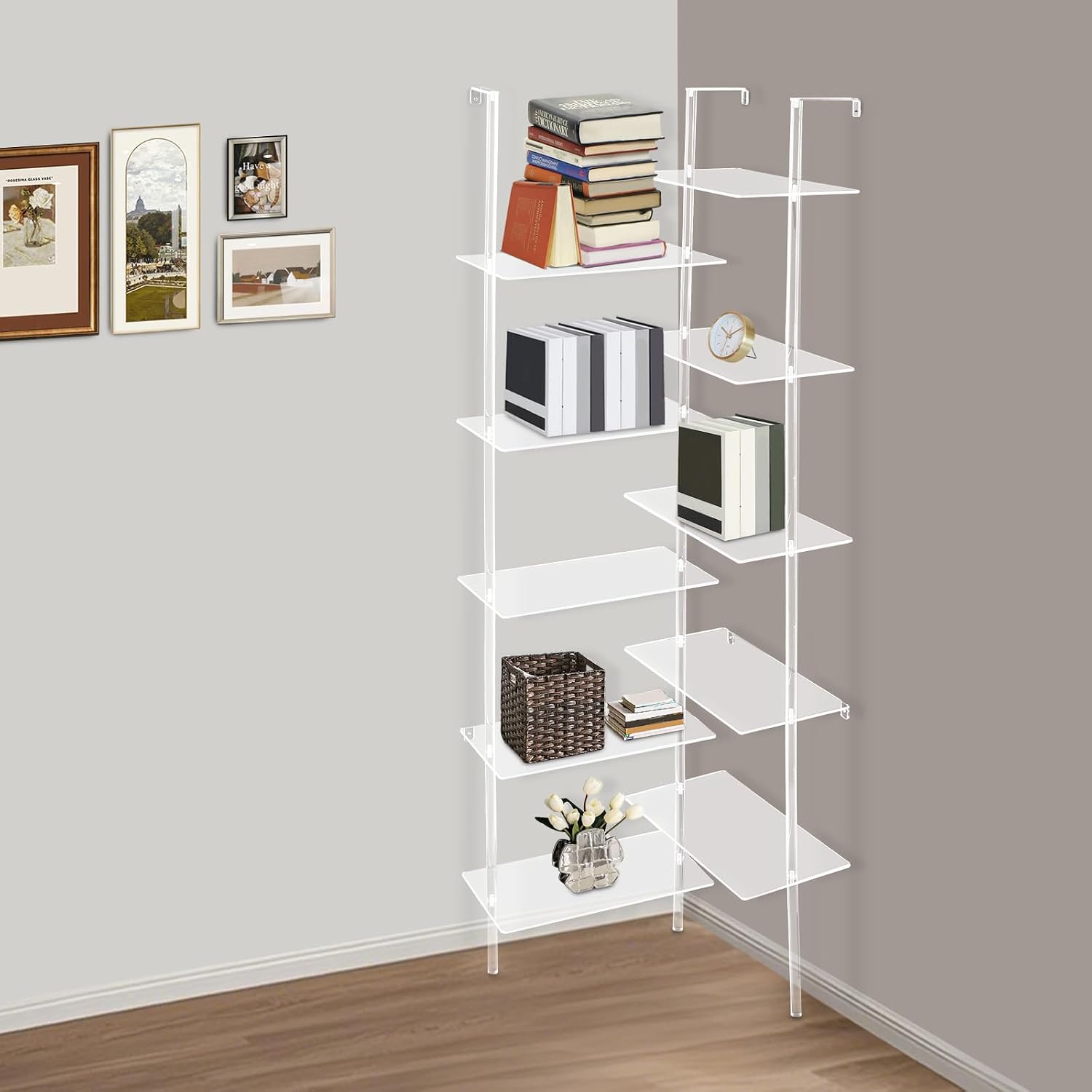 Acrylic Corner Bookshelf, 5-Tier Wall Mounted Clear Ladder Bookcase with 10 Open Shelves, Modern Display Book Shelf for Living Room, Bedroom, Bathroom, 22''Dx22''Wx73.62''H