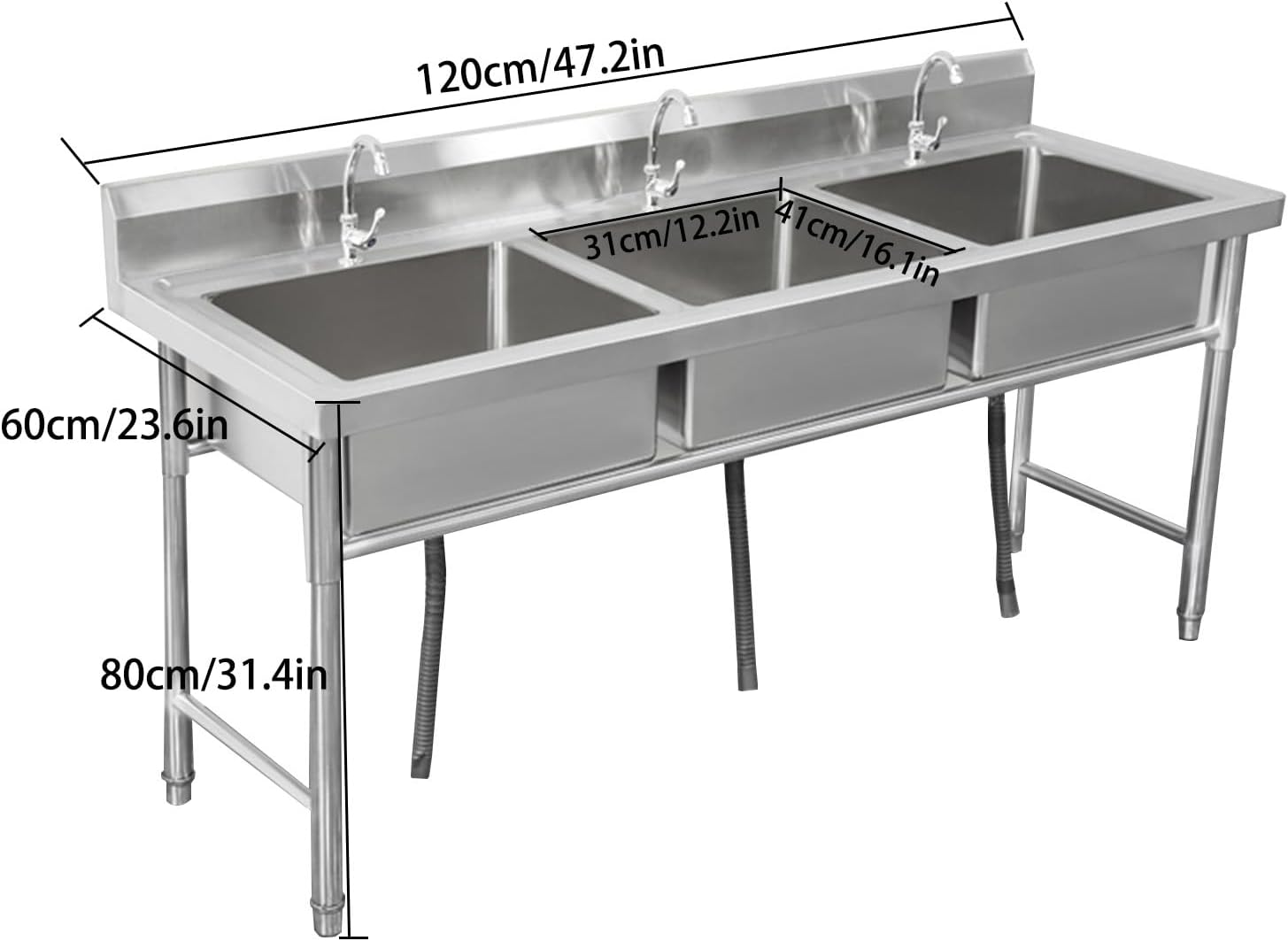 Stainless Steel Triple Bowl Kitchen Sink, Free Standing Utility Sink, Multipurpose Vanity Basin for Laundry Room,Garage,Basement(120X60cm/47.2X23.6in)