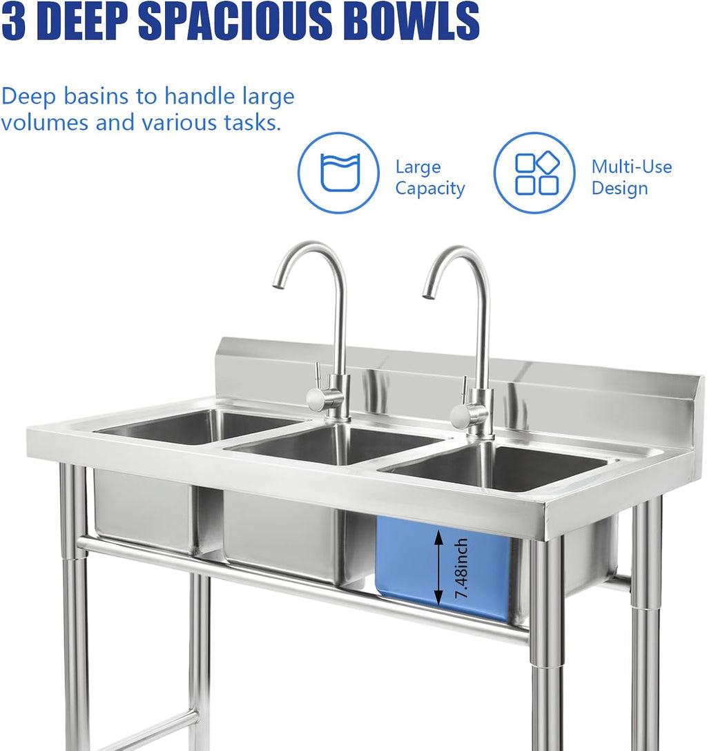 3 Compartment Sink, 3 Bay Stainless Steel Sink with Inlet Pipes & Faucet, Commercial Utility Sink for Basements, Terraces, Bars, Kitchens, Freestanding, 39 x 18 x 35.8 Inch