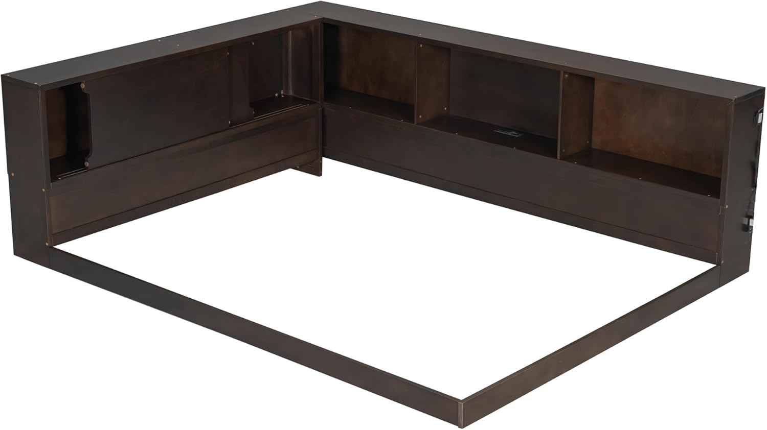 Merax Queen Size Daybed Frame with Storage Shelves for Kids, Teens or Adults, Wooden Corner Bed Sofa Bed with USB Ports and LED for Living Room or Bedroom, No Slat, Brown