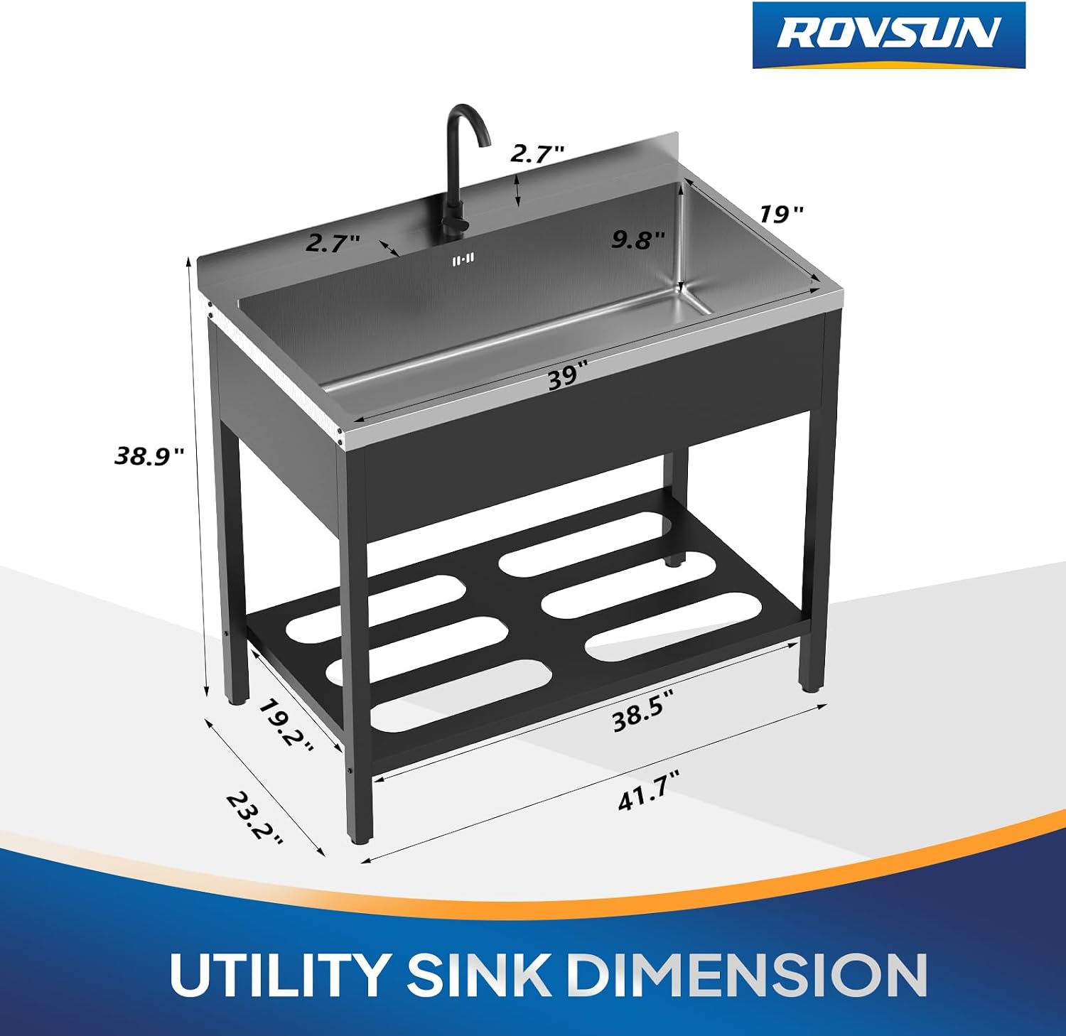 ROVSUN Black Electroplated Stainless Steel Utility Sink with Towel Rack and Storage Shelf, 23.2'D x 41.7'W x 38.9'H, Freestanding Laundry & Prep Sink for Home, Restaurant, Garage, and Outdoor Use