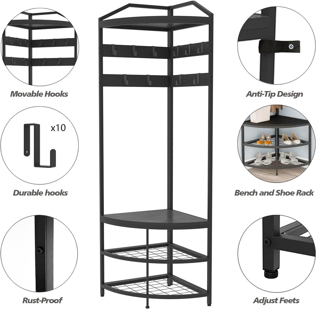 GiftGo Corner Hall Tree with Shoe Bench Entryway Coat Rack with 10 Metal Movable Hooks Freestanding Clothes Rack Shoes Shelf Organizer for Home Office Bedroom (Black)