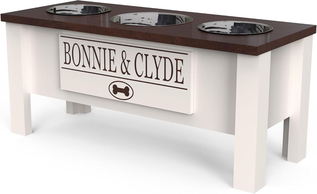 GTW Elevated 3 Bowl Dog Feeding Station - Customized Triple Stand for Large Dogs - Includes Storage & Stainless Steel Bowls (Large, Brown)