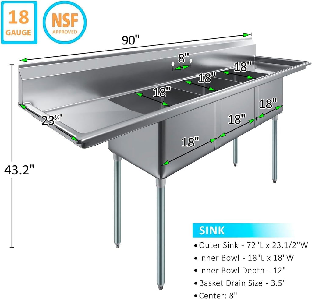 Stainless Steel Prep & Utility Sink | 304 Stainless Steel | Restaurant, Kitchen, Laundry, Garage | NSF (23 in. x 90 in. | Three Bowls | 2 Drainboards)